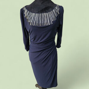 Adrianna Papell Navy Blue Sheath Dress Silver Beaded Fringe Neckline Size 6